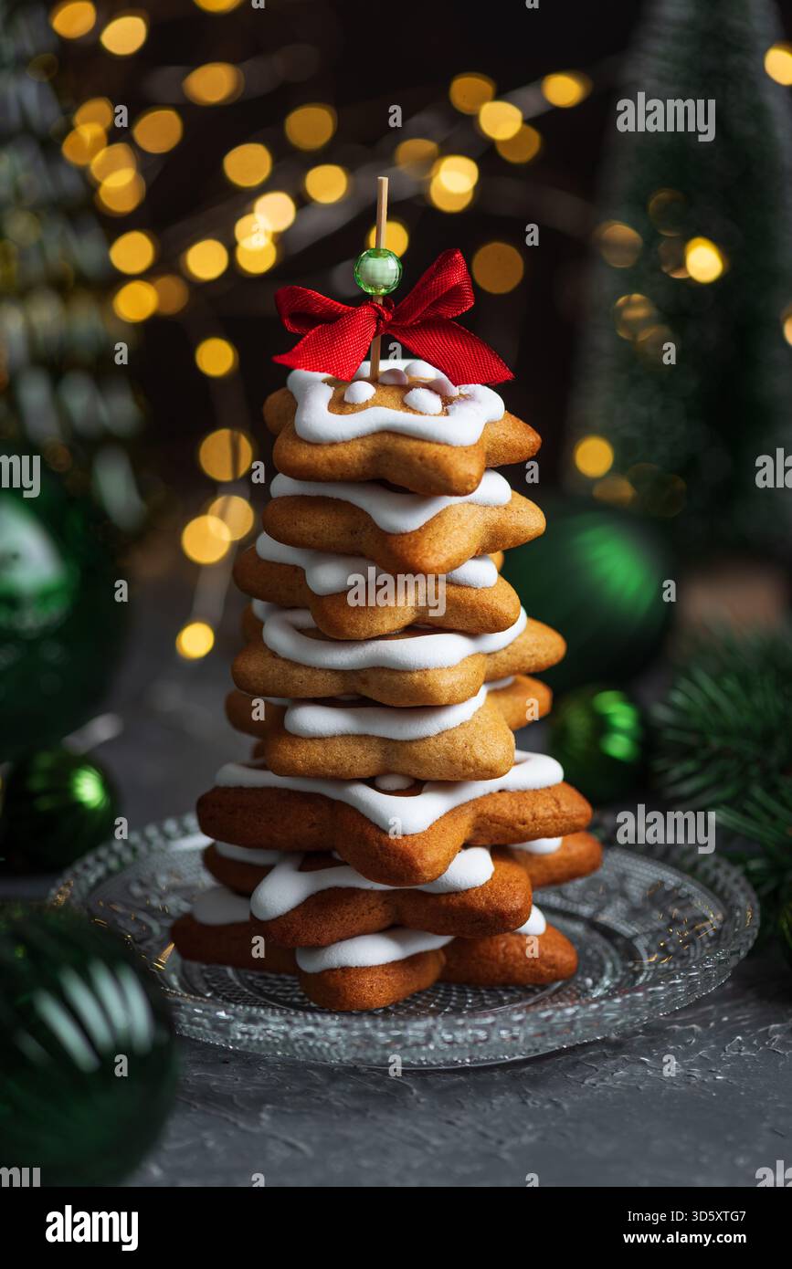 Christmas Tree Cookie Stack with Icing and Ornaments Stock Photo
