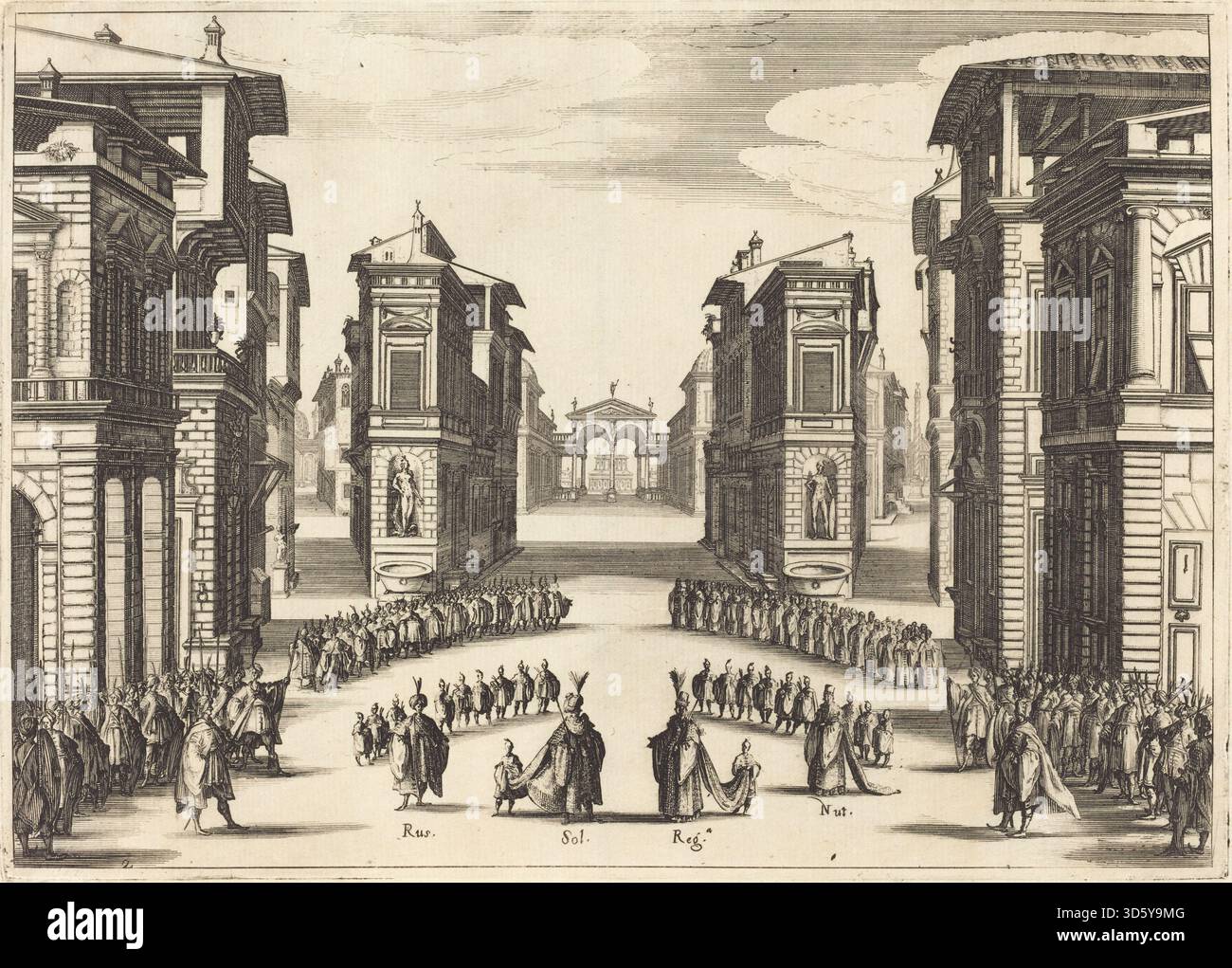 Jacques Callot's 1620 etching depicts Act II of Solimano, showing ...