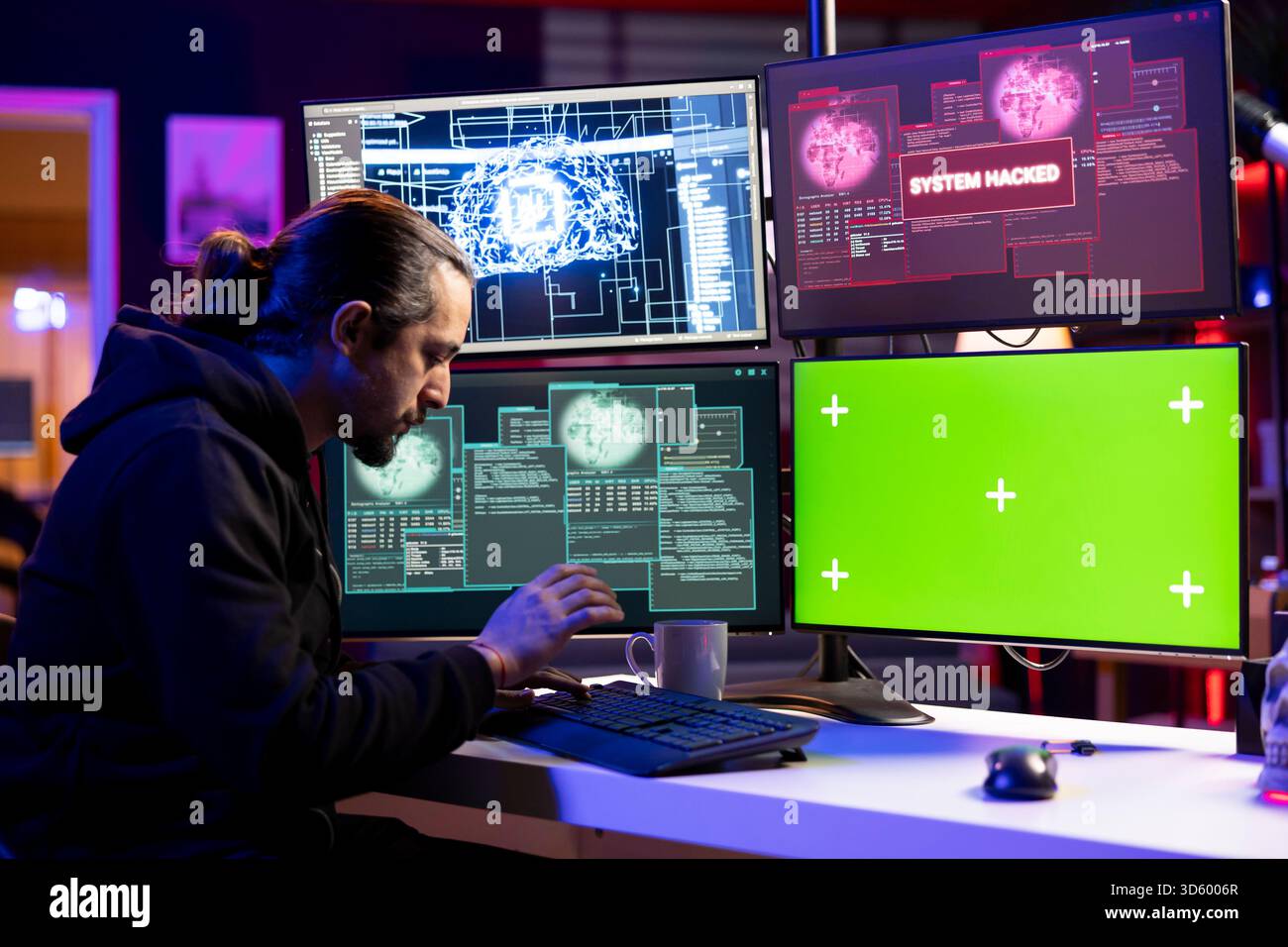 Hacker doing covert operations using AI on isolated screen PC to bypass advanced security. Rogue programmer engineering data theft script to penetrate firewalls using chroma key computer Stock Photo