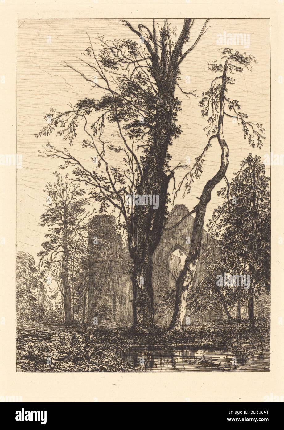 This 1869 drawing by Maxime Lalanne depicts a park scene, showing trees ...