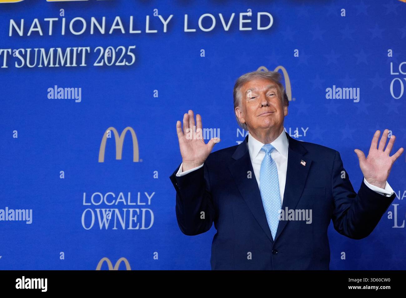 President Donald Trump arrives to speak at the McDonald's Impact Summit ...