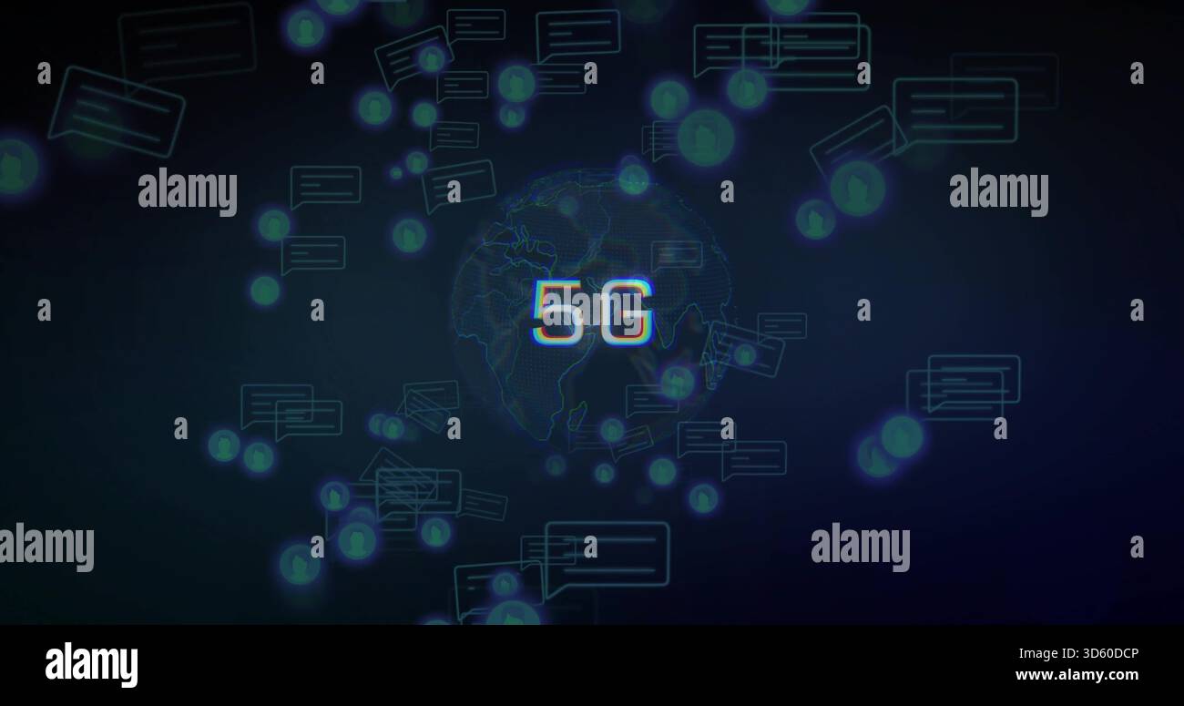 Displaying central wireframe globe over dark background, with 5G text, chat bubbles, nodes and orbs Stock Photo