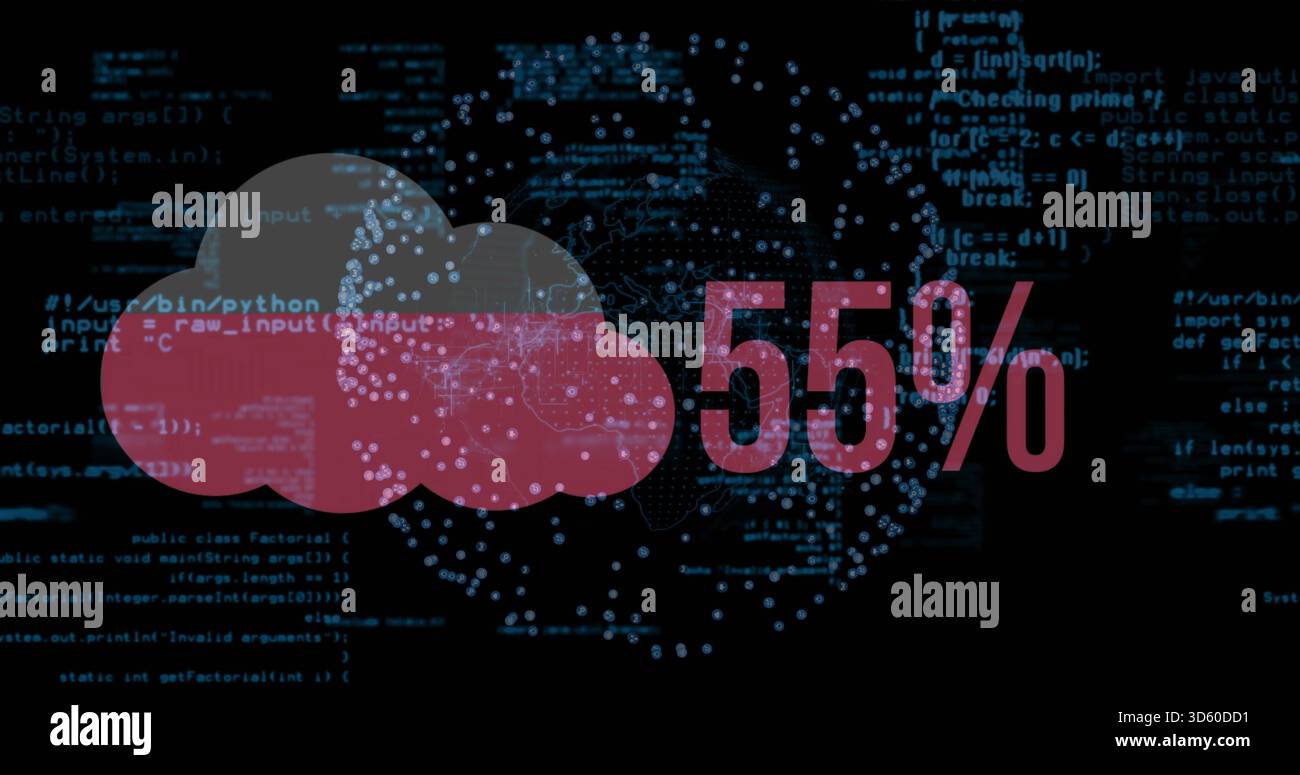 Displaying red semi-transparent cloud and 55% text over cyan node globe in studio Stock Photo