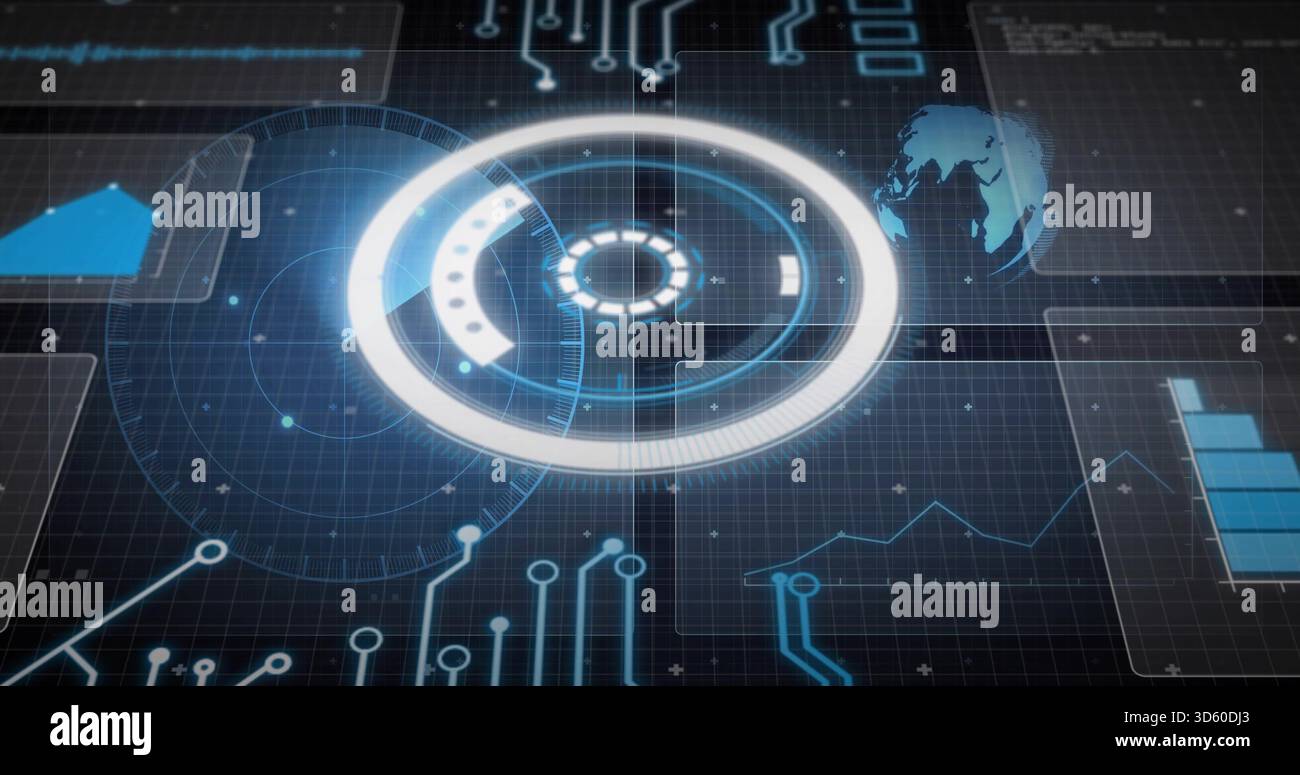 Displaying central circular hologram interface over data grid, showing circuit traces and bar chart Stock Photo