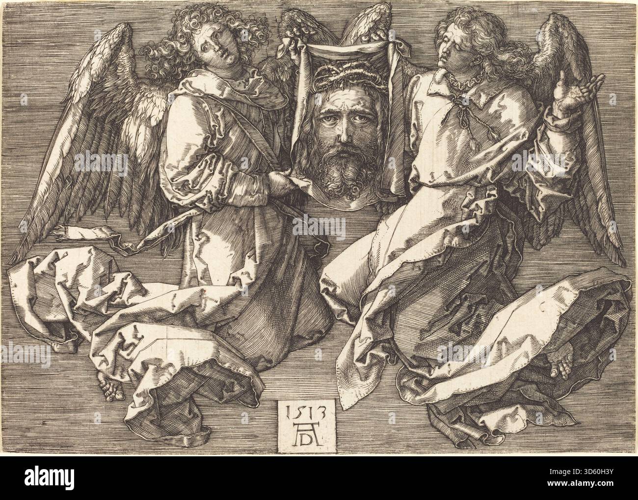 This print by Albrecht Dürer from 1513 depicts two angels holding the ...