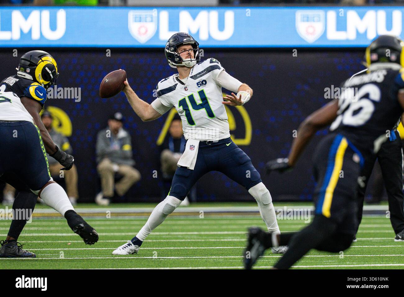 Darnold Interception Rams Seattle Seahawks quarterback Sam Darnold (14) throws a pass during a ...