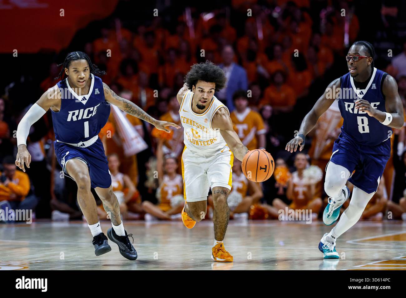 Tennessee guard Ja'Kobi Gillespie (0) battles for the ball with Rice ...