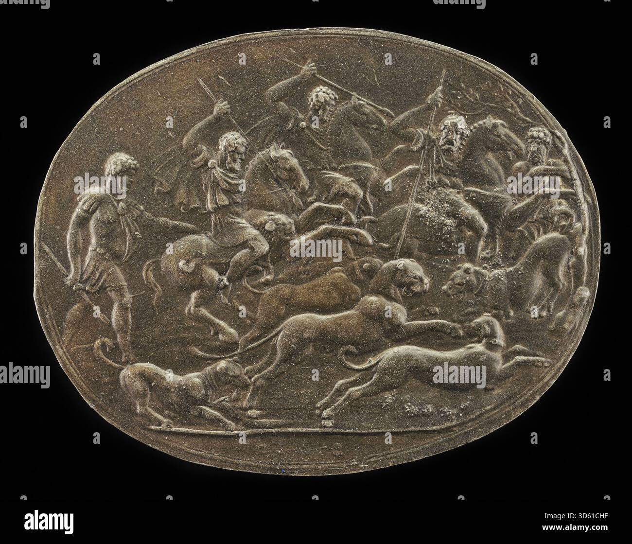 Hunting Renaissance Scene Engraving by Giovanni Bernardi depicting a panther hunt, showing ...