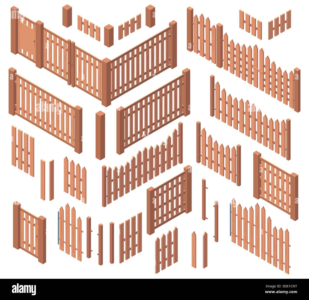 Isometric wooden garden farm rough fences. Courtyard wooden boards ...