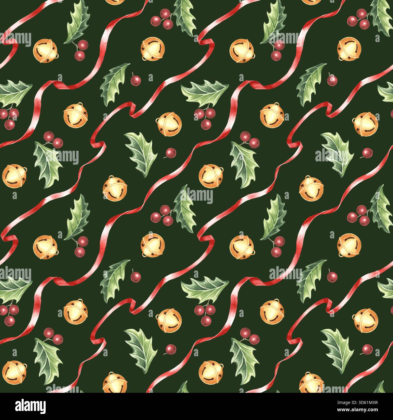 Watercolor holly leaves with berries, red ribbons and round bells ...