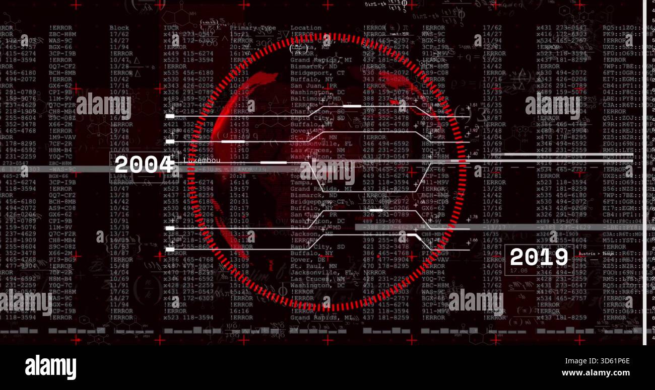Displaying central red circular HUD with timeline bars 2004 and 2019 on ...