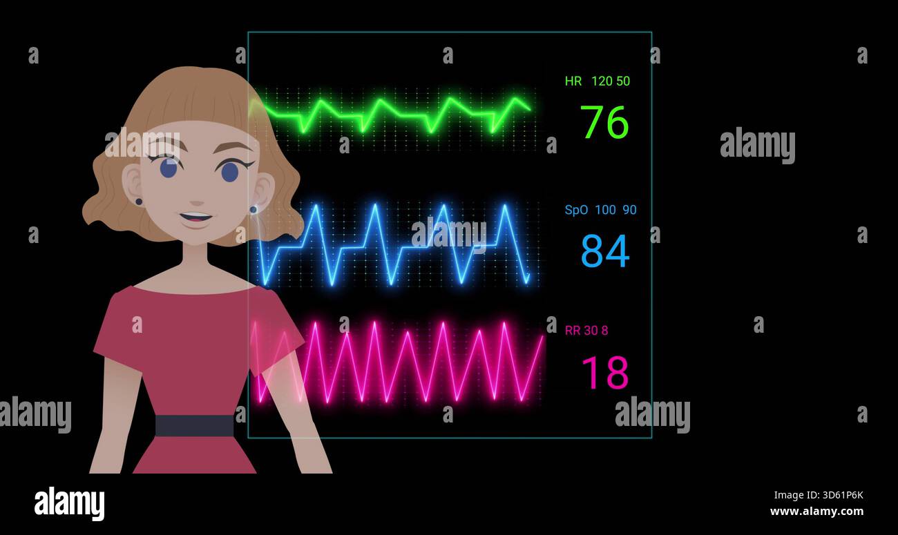 Standing avatar wearing off-shoulder dress at left, showing neon HR or SpO or RR monitor, copy space Stock Photo