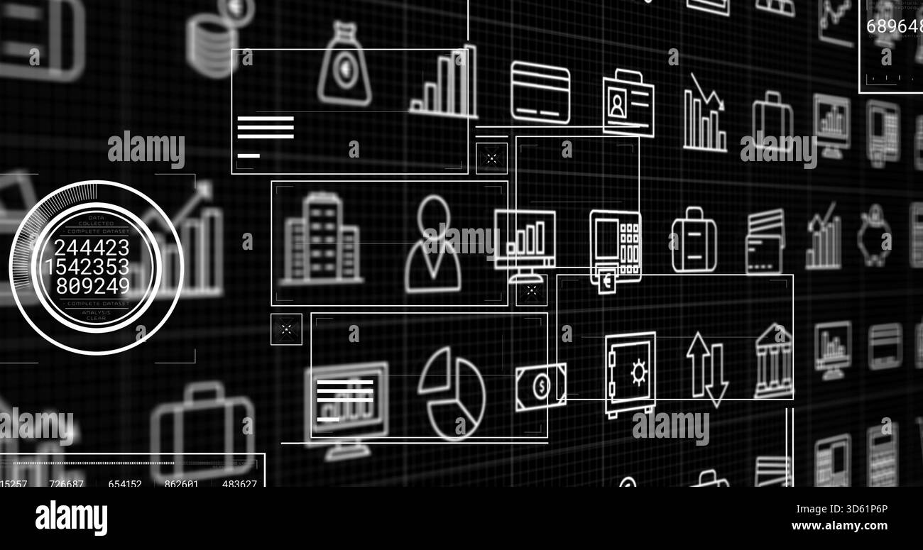 Displaying wireframe business panels on dark grid plane, showing ...