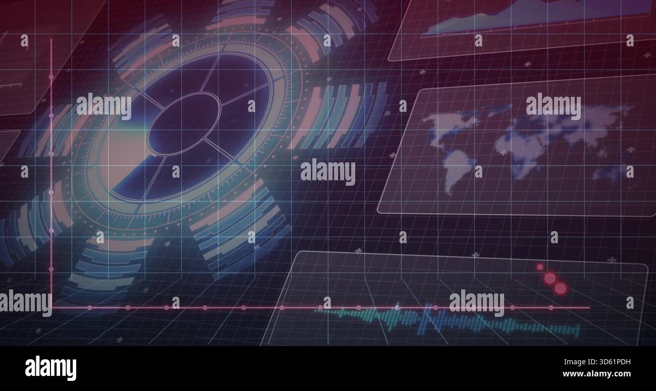 Displaying large circular holo interface left over 3D grid, HUD panels worldmap waveform red dots Stock Photo