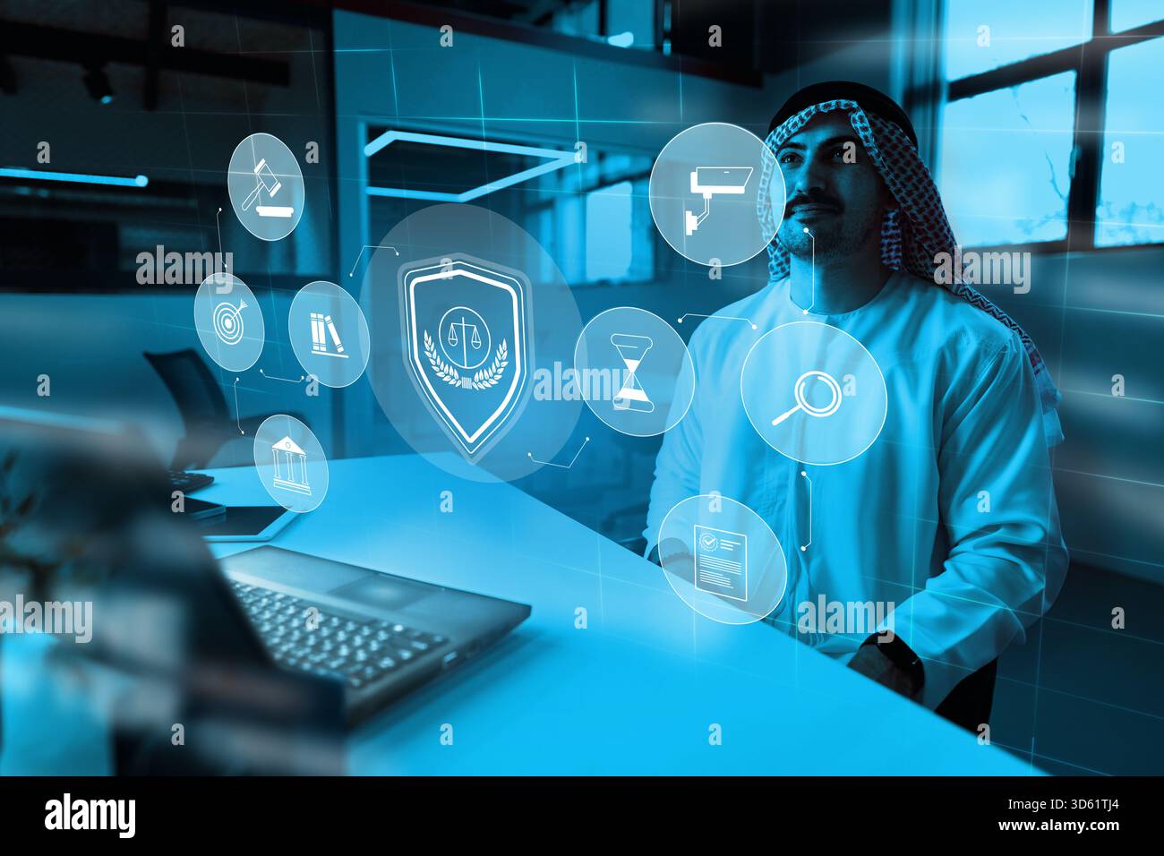 Business professional engages with digital security technologies in modern office setting Stock Photo