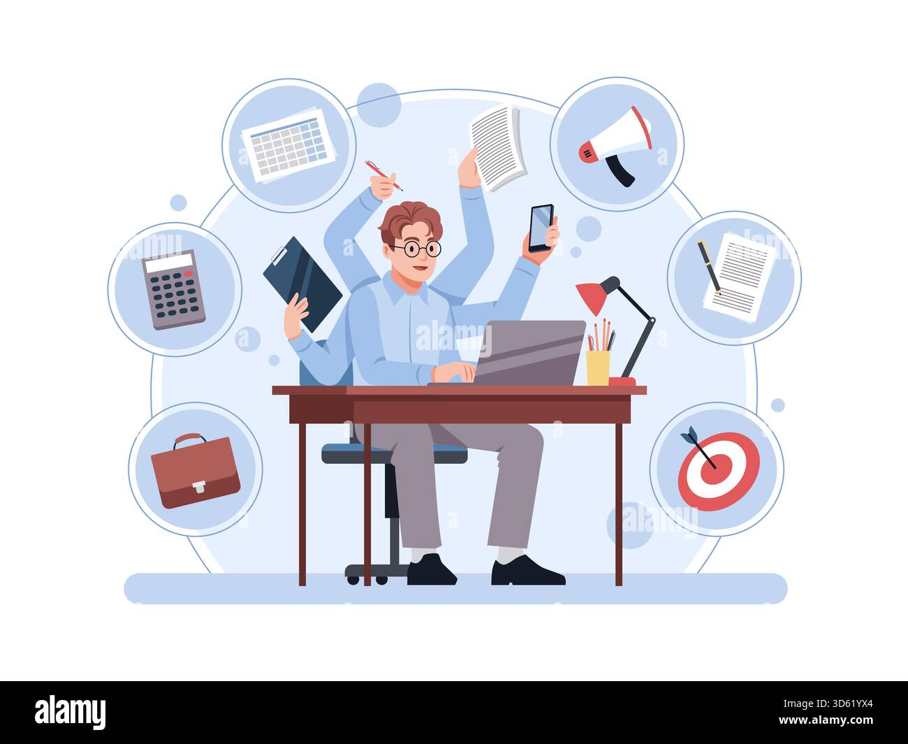Multitasking businessman character. Active office worker with many ...
