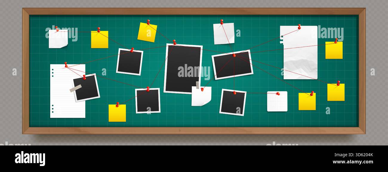 Realistic detective board illustration with evidence pins, red string ...