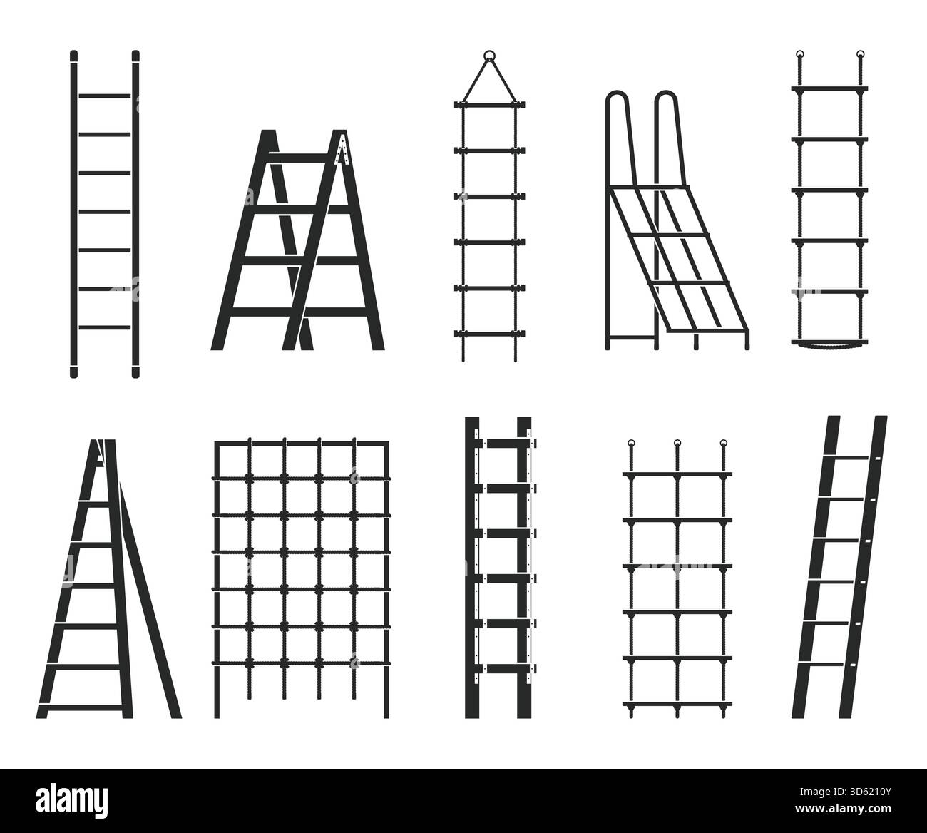 Step ladders icons. Silhouette black stairs, different types, sliding ...