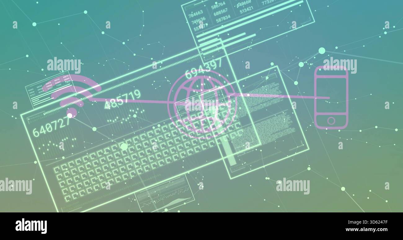 Wireframe Keyboard Layout Displaying keyboard schematic with wireframe UI panels on teal plane ...
