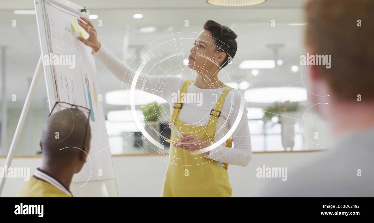 Presenter Using Yellow Note Placing sticky note presenter wearing yellow overalls reaching at flip ...