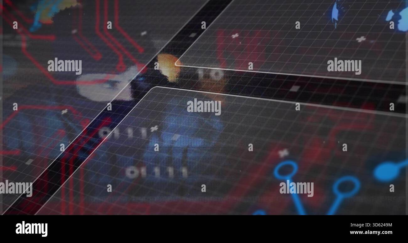 Displaying foreground glass grid panel on UI, showing red traces, blue nodes, binary, ghost icon Stock Photo