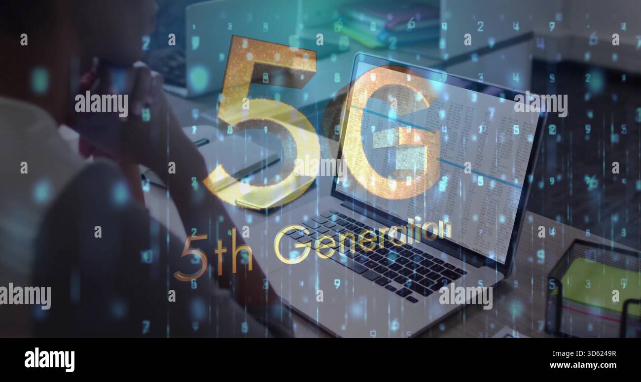 Showing silver laptop displaying data on wooden desk at home, featuring 5G glyphs, smartphone Stock Photo