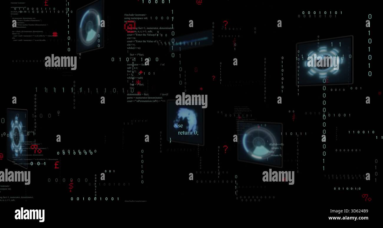 Floating screens showing HUDs streaming binary code, else return 0; with red glyphs in cyberspace Stock Photo