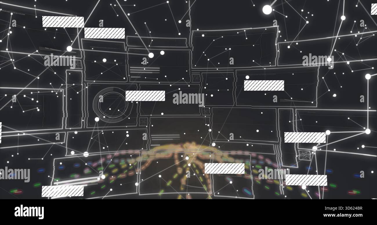Displaying holographic network visualization on dark console, showing floating UI panels, nodes Stock Photo