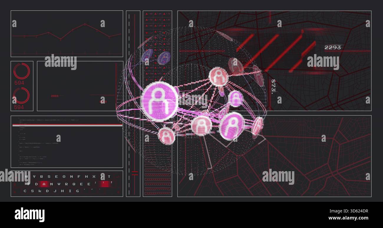 Displaying 3D network globe rotating on analytics dashboard, showing magenta icons and map Stock Photo