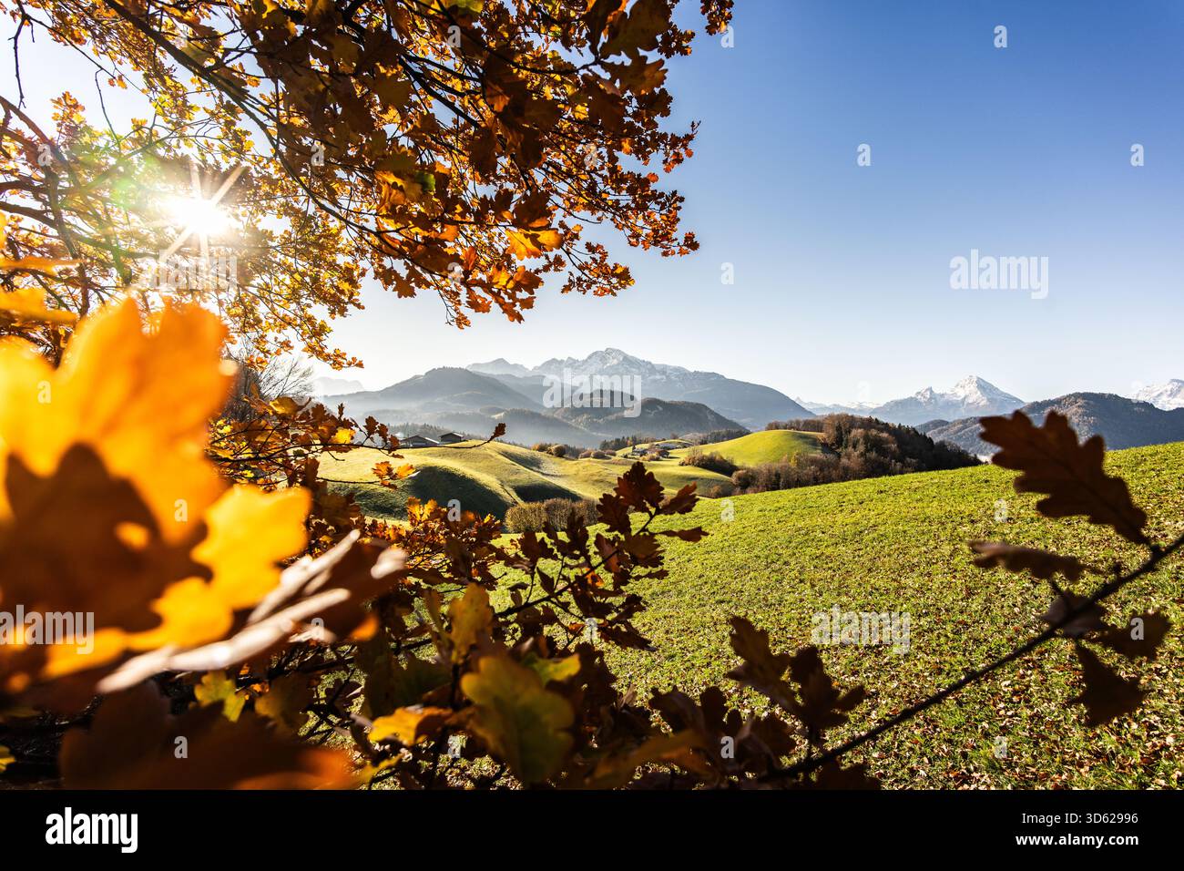 Herbstliche Landschaft in Bayern an der Grenze zu Salzburg mit Blick ...