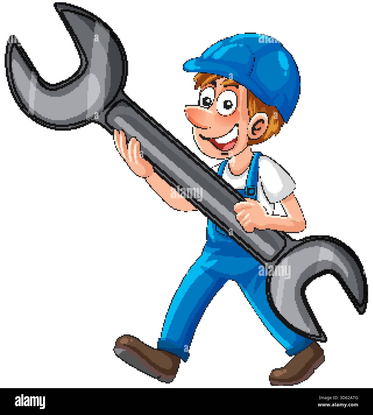 Smiling cartoon mechanic in blue overalls and cap carrying oversized wrench, white background Stock Vector