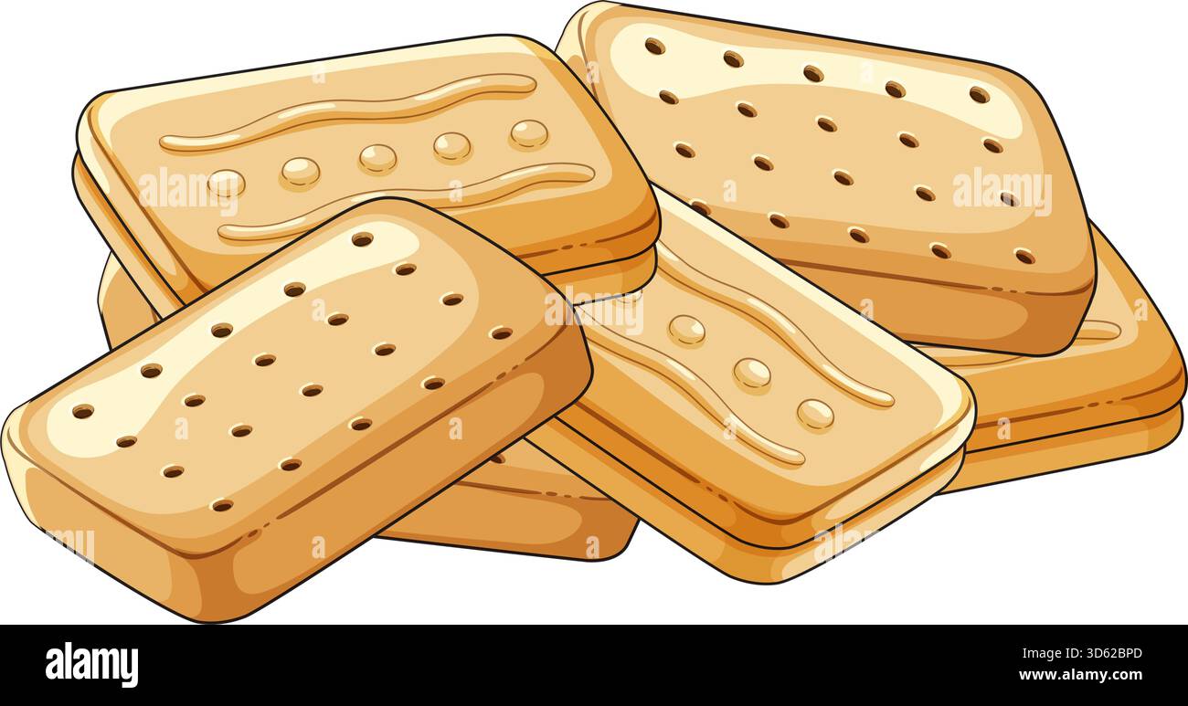 Vector illustration of five golden rectangular shortbread biscuits overlapping in a pile, isolated on white. Stock Vector