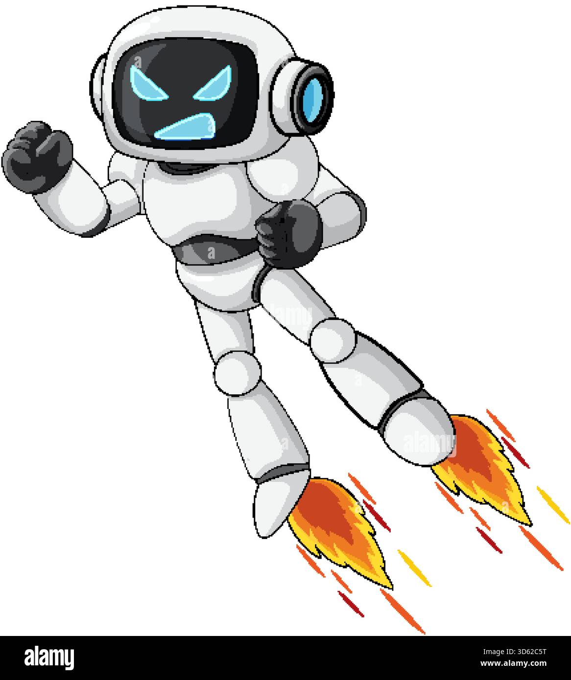 White cartoon robot with blue face, jetpack flames, dynamic pose, bold outlines, vector style Stock Vector