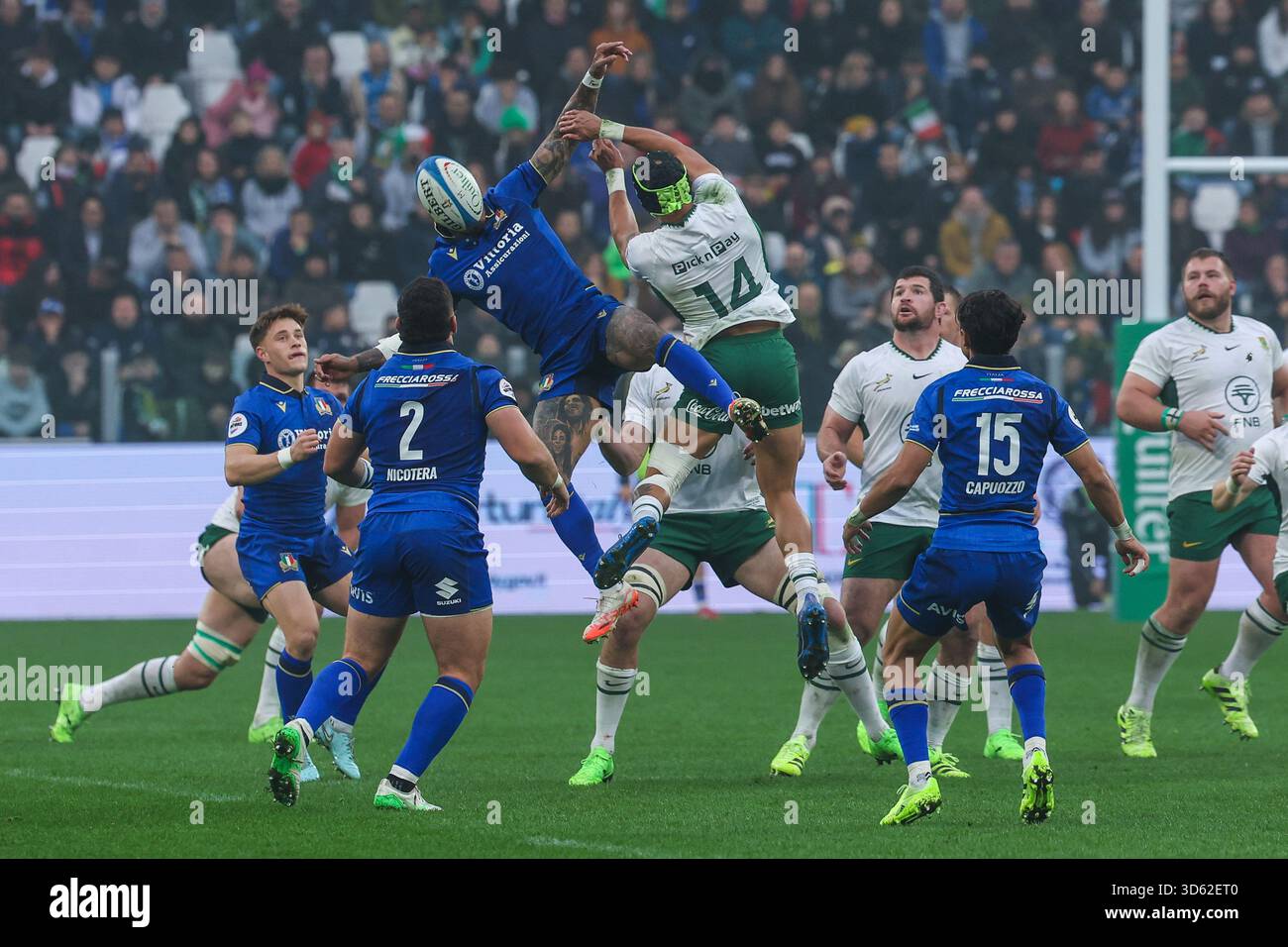 Monty Ioane of Italy seen in action against Edwill Van Der Merwe of ...
