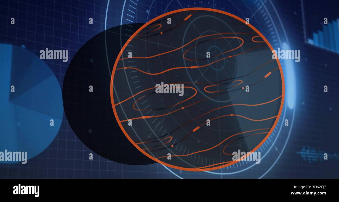 Rotating orange sphere showing wavy lines over blue grid, with left pie slice, right HUD rings Stock Photo