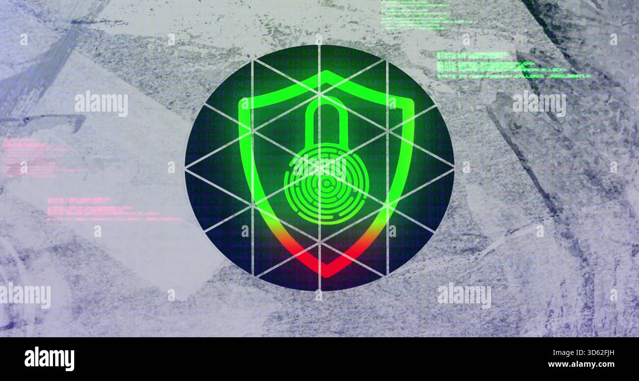 Showing security emblem glowing on concrete with padlock, scan rings, grid, neon code Stock Photo