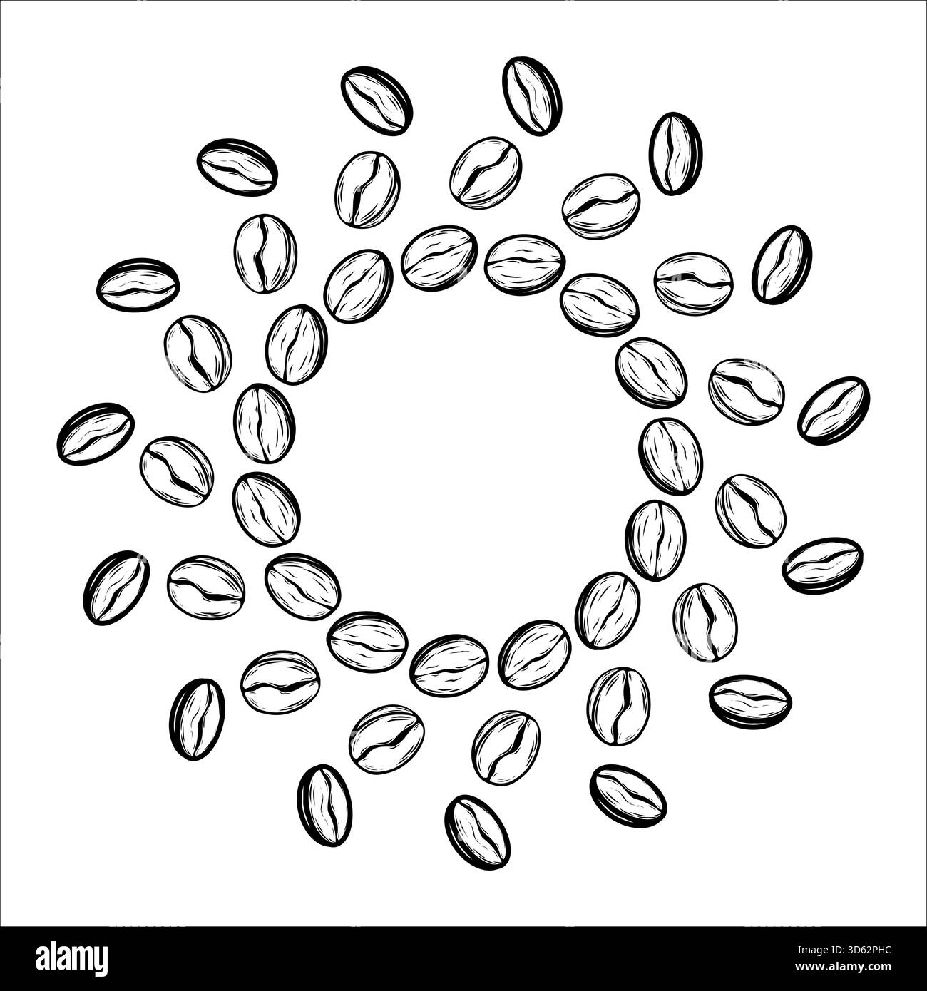 vector line art with coffee beans arranged in three circular rows. minimalist black outline design for cafe logo, branding, and packaging. Stock Vector