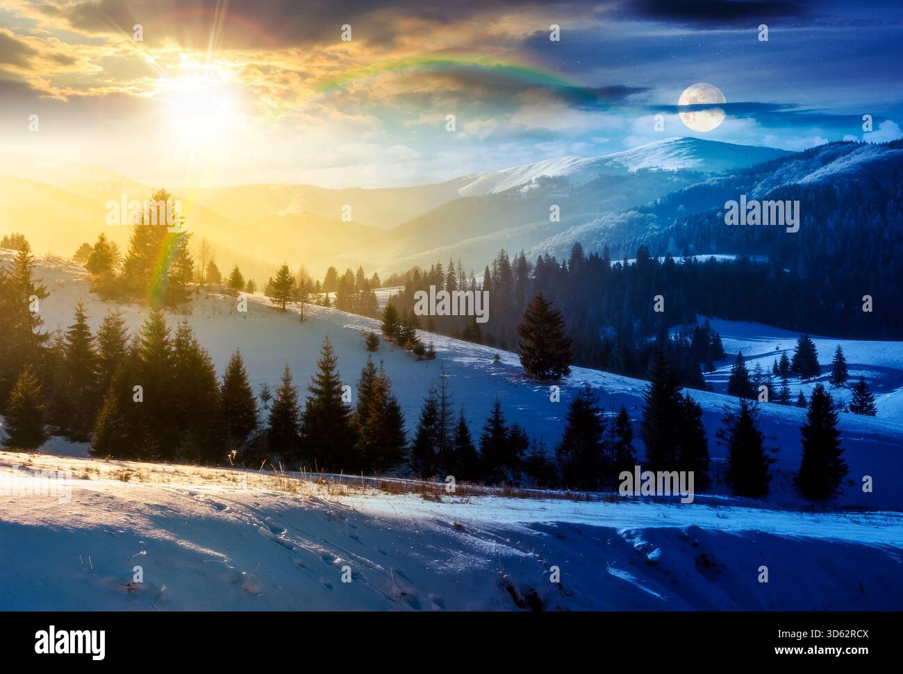 spruce forest on snow covered hills. day and night time change concept. rolling winter landscape in mountains with sun and moon at twilight. harmony a Stock Photo