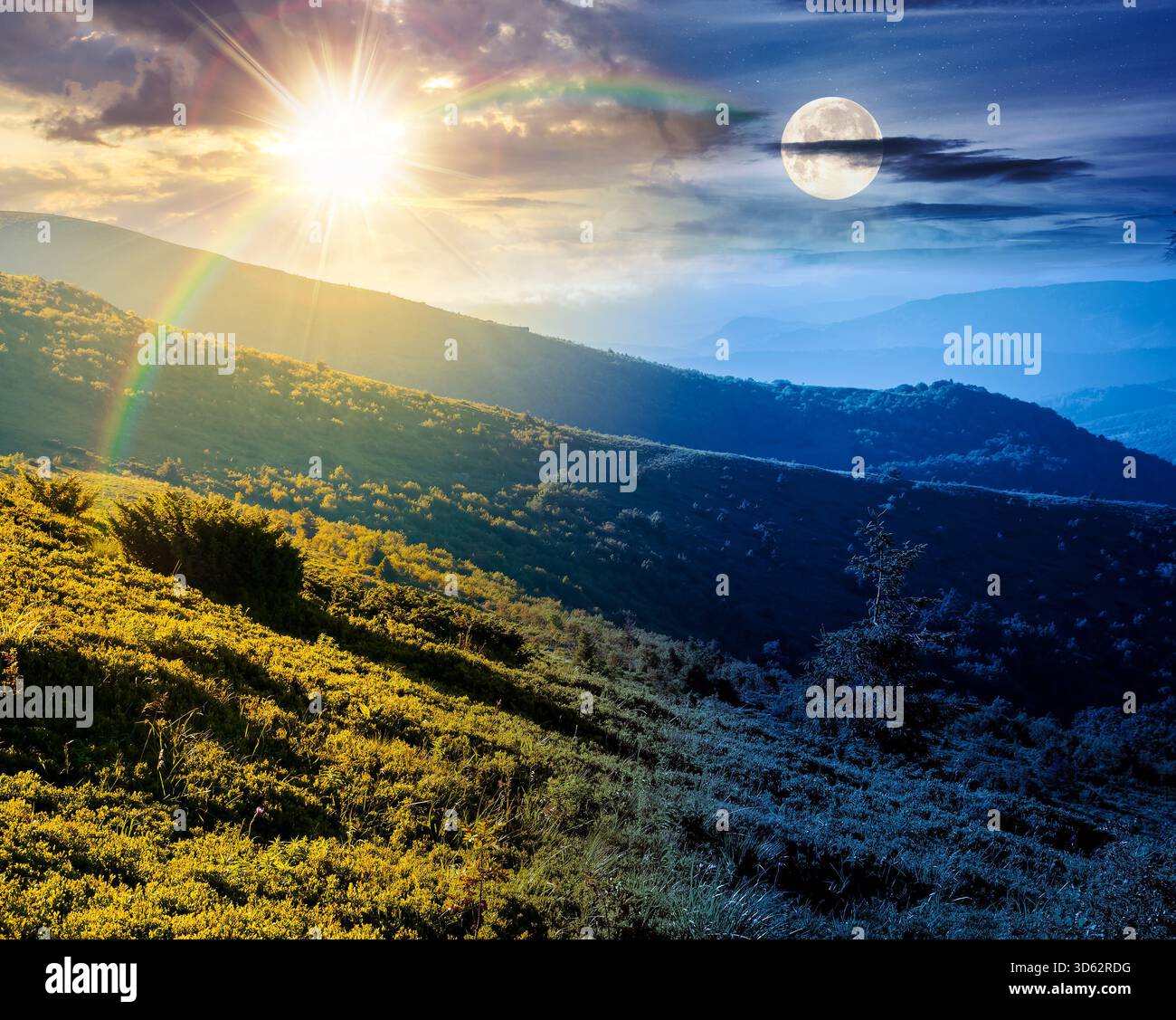 mountain landscape with rolling hills. day and night time change concept. summer countryside scenery with view in to valley and forested slopes with s Stock Photo
