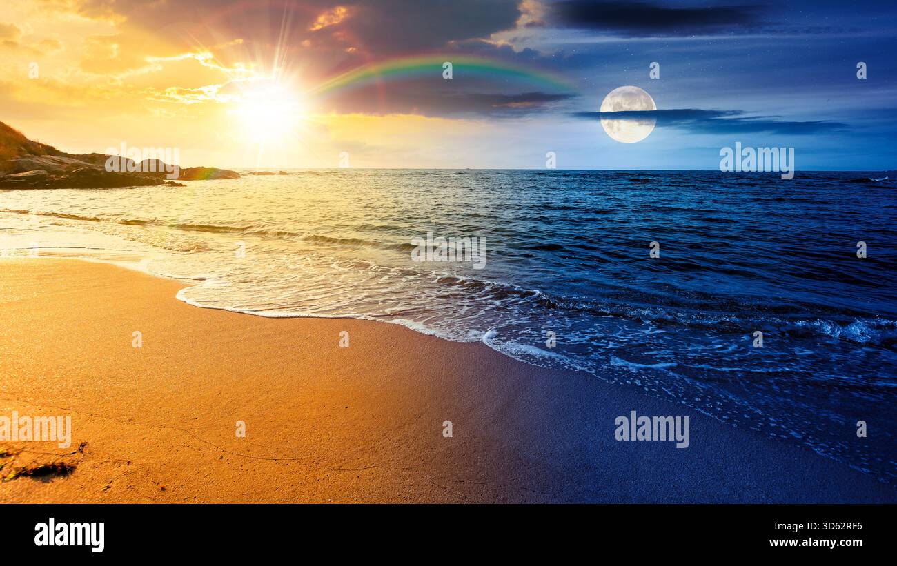 panoramic view of sand beach landscape. day and night time change concept. summer solstice season at the sea with sun and moon on sky. beautiful seasi Stock Photo