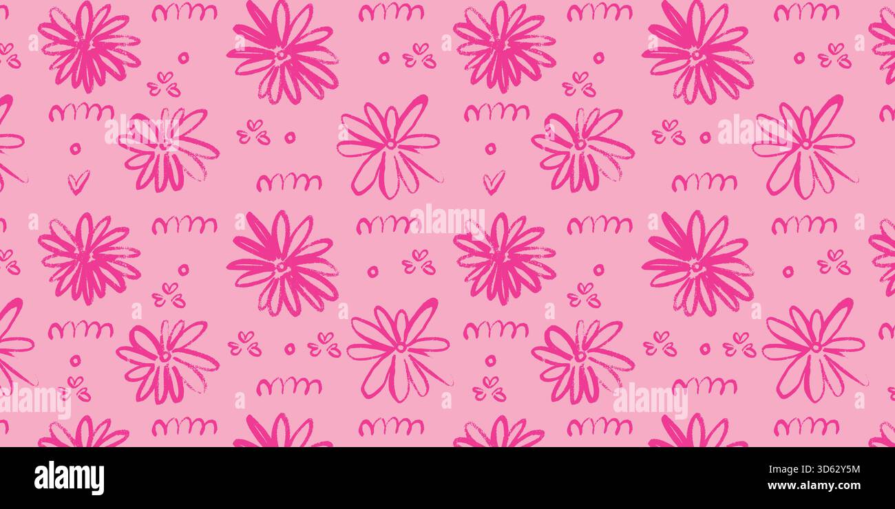 Grunge Hand drawn Floral Pattern. Sketch flowers in bright pink with playful irregular lines. Vibrant whimsical feminine blossoms, cute spring motifs Stock Vector