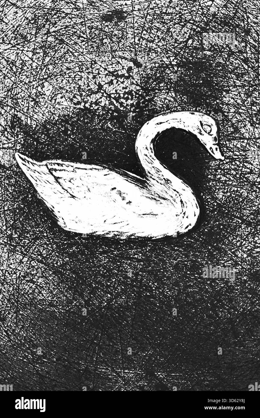 Graphic monochrome image of model of swan with scratchy background Stock Photo