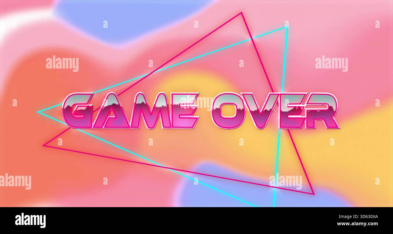 Displaying central 3D 'GAME OVER' text floating on pastel gradient backdrop, with neon triangles Stock Photo