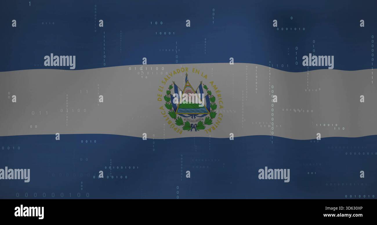 Showing national flag of El Salvador waving on digital banner, featuring emblem and binary overlays Stock Photo