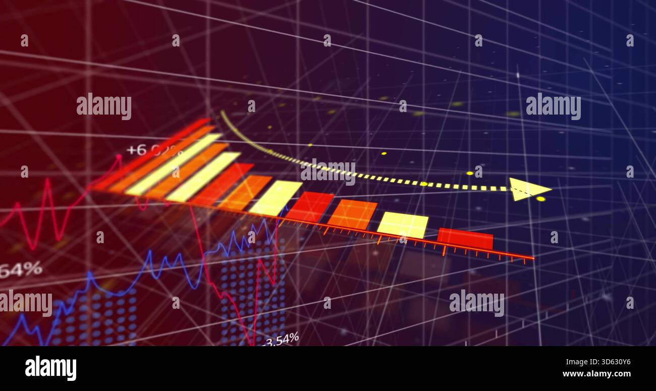 Displaying 3D gradient bars on wireframe grid in dashboard, dotted trajectory arrow, red blue lines Stock Photo