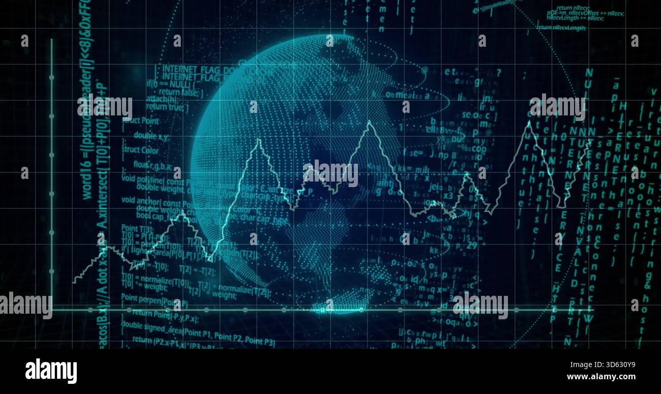 Displaying wireframe 3D globe over grid plane on digital dashboard, showing jagged line graph Stock Photo