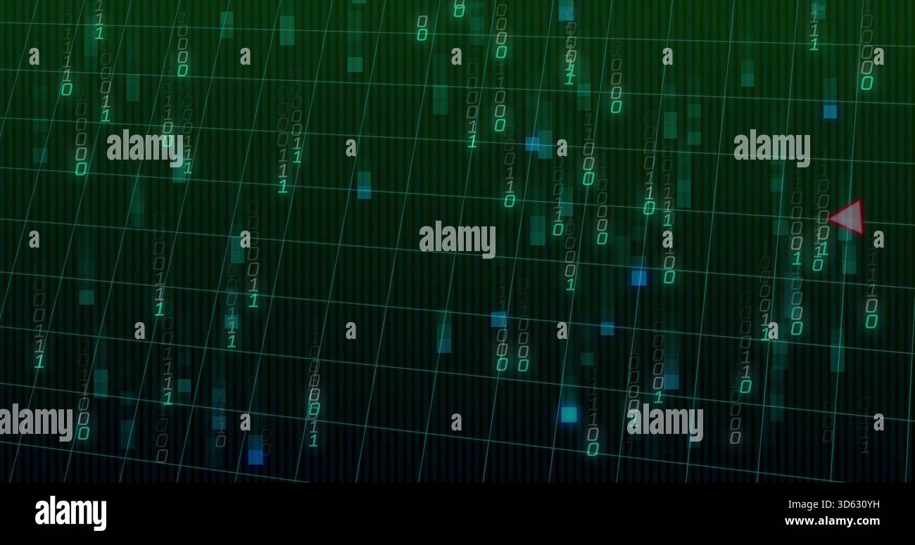 Streaming binary digits cascading over tilted grid in HUD, showing red pointer and blue squares Stock Photo