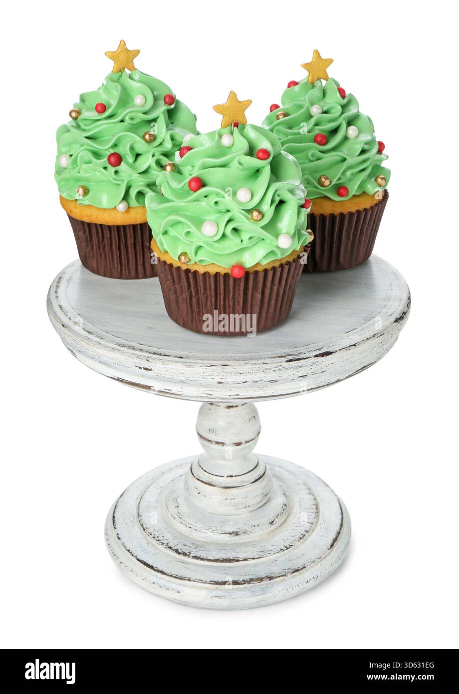 Christmas tree shaped cupcakes isolated on white Stock Photo