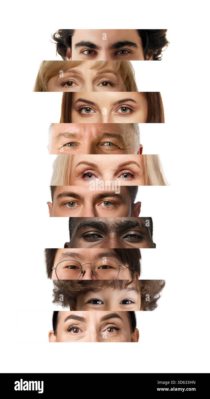 Clean minimal collage of diverse eyes on white layout. Stock Photo