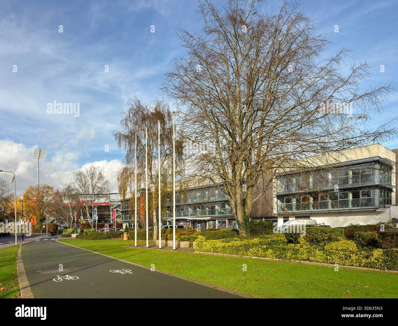 Sport Wales National Centre in Cardiff framed by vibrant autumn foliage on a bright November day in Bute Park, South Wales: Phillip Roberts - Smartphone Captured Stock Image